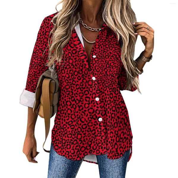 Blusas femininas vermelho e preto leopardo blusa solta impressão de pele animal coreano moda oversize manga longa camisa kawaii primavera design topo