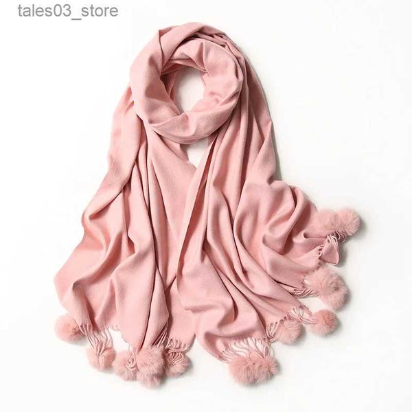 Lenços Mulheres Simples Borla Sólida Cashmere Xale Cachecol com Pele de Coelho Pom Senhora Envoltório de Inverno Pashmina Poncho Hijab Echarpe Foulards Q231031