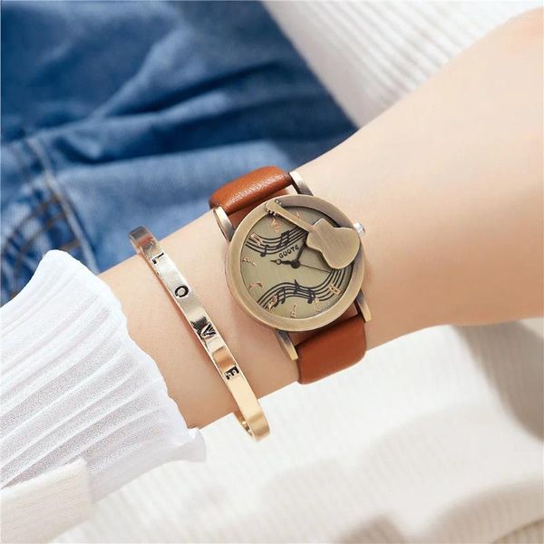 Bilek saatleri retro kadın bronz gitar notu tasarım kuvars saatler moda kahverengi deri bayan saat hediyesi kol saati
