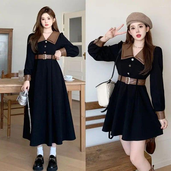 Casual Kleider Hepburn Wind Lampe Cord Kleid Herbst/Winter Vintage Mode Doppel Schicht Kragen Schlank Langarm Rock Für Frauen