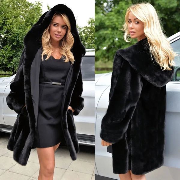Mulheres pele falsa outono inverno casaco de vison feminino com capuz outwear longo casaco quente preto algodão 231031