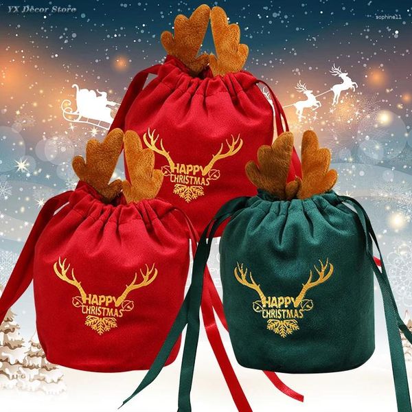 Hediye Sargısı 10/20 PCS Noel Çantalar Kadife Drawstring Sunar Elk Antlers Ren geyiği Partisi için Partisi Partisi Sarma Dekoru