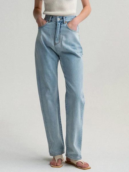 Kadın Kotları Sonbahar Sağlam Basit Kadınlar için Basit 2023 Yüksek Bel Şık Moda Cep Düz Pantolon Femme Vintage Casual Denim