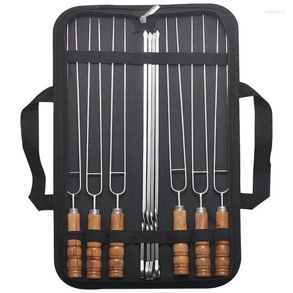 Strumenti 10 pezzi/set kit borsa portaoggetti per barbecue da campeggio all'aperto spiedini in filo di acciaio inossidabile