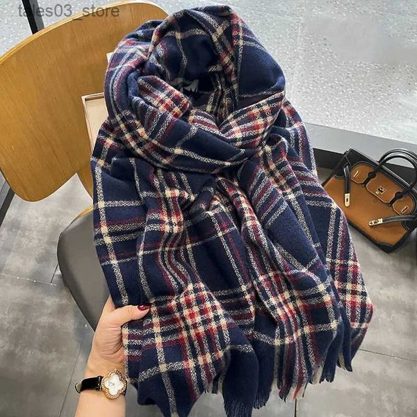 Lenços lenço feminino inverno moda xadrez cashmere xale senhora design de luxo quente grosso pashmina feminino macio borla envolve neckwear meninas q231031