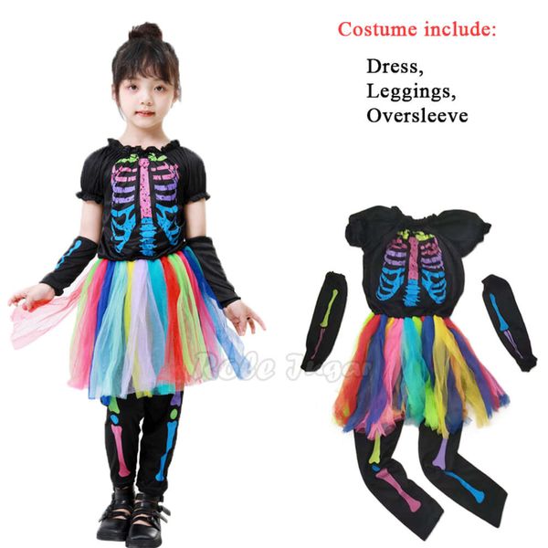 Halloween-Kostüme für Gril, Regenbogen-Skelett, gruselige Hexe, Vampir, Cosplay, Kinder-Kostüm, Leggings, Oversleeve, Karnevalsanzug