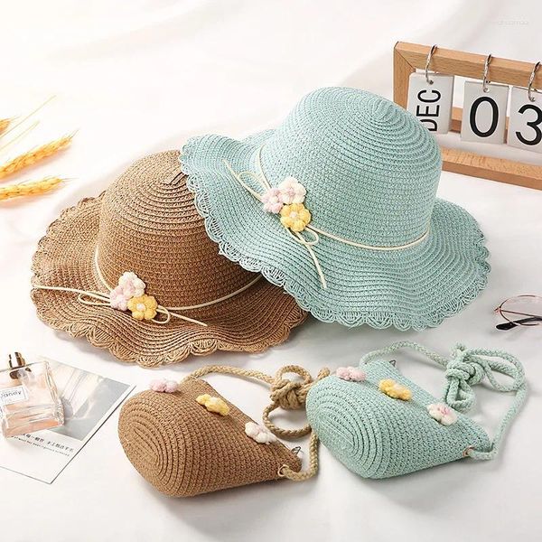 Cappelli estivi per ragazze in paglia intrecciata per cappelli da sole borse per bambini da viaggio all'aperto spiaggia casual cappellino per protezione solare a tesa larga borse intrecciate