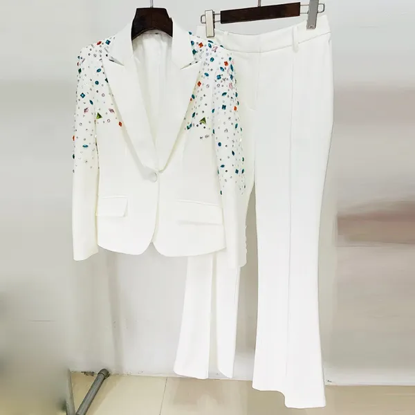 Calças femininas de duas peças luxo elegante mulheres peças roupa sexy branco blazer ternos mais terno de cristal