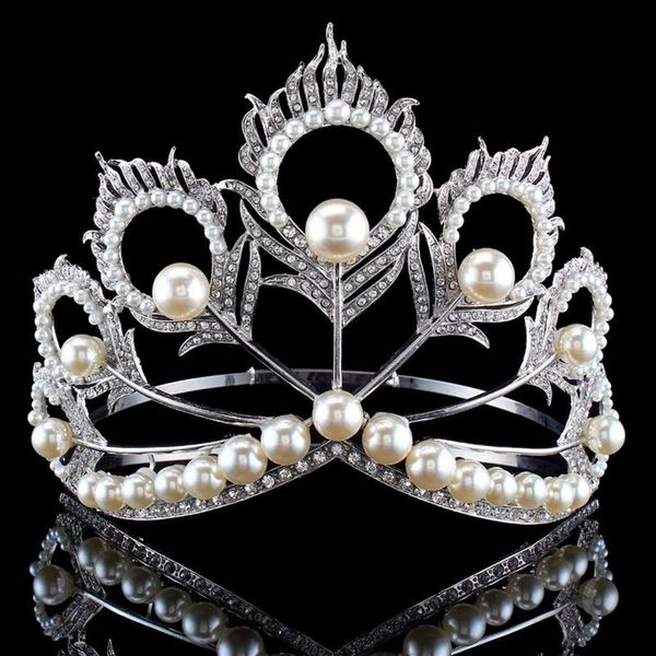 Новое поступление, большой размер 2017, Мисс Вселенная, та же корона, полная круглая регулируемая серебряная жемчужина, тиара с перьями, театрализованное представление 210203160m