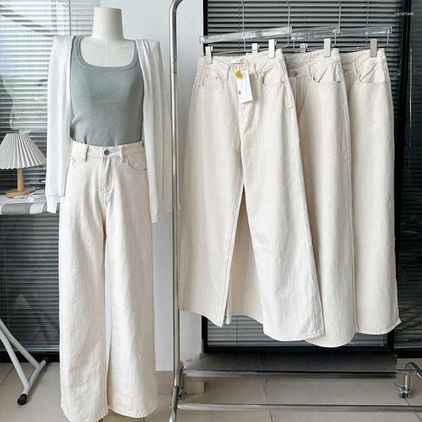 Calças femininas reta perna jeans mulheres 2023 americano clássico casual all-in-one solto bolso cintura alta calças largas brancas