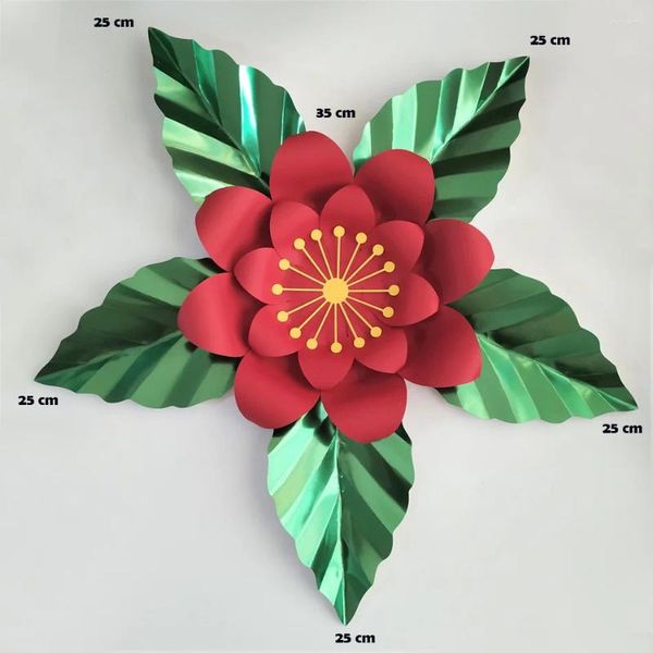 Flores decorativas vermelho artificial com folhas verdes fleurs artificielles pano de fundo diy gigante papel festa decoração natal deco