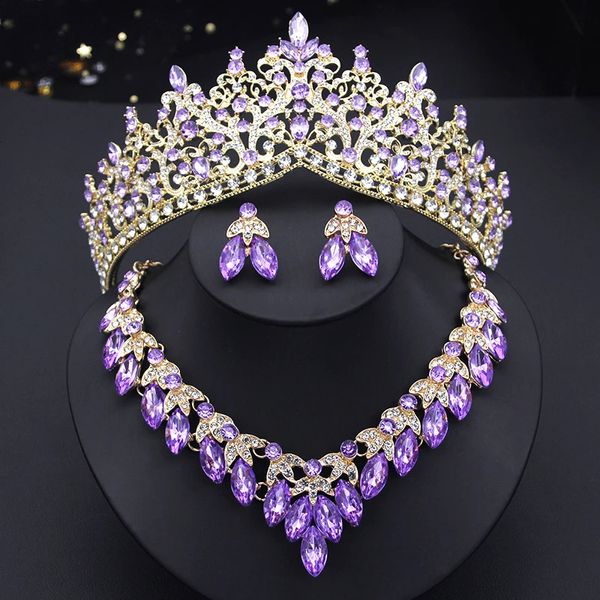 Conjuntos de jóias de casamento luxo roxo cristal coroa nupcial conjunto de jóias princesa rainha rosa tiaras noiva brincos de casamento colar conjunto meninas dubai conjuntos 231030