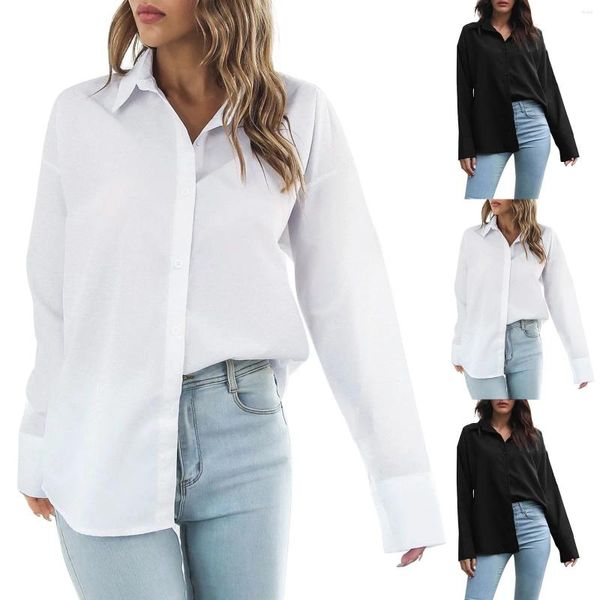 Camicette da donna Camicie bianche nere per le donne Autunno Button Down Risvolto Casual Manica lunga Tinta unita Camicetta da lavoro oversize Top da donna