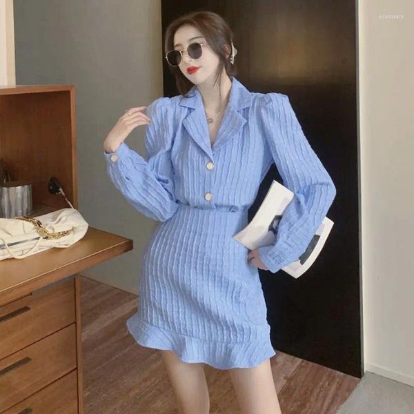 Abiti da lavoro Sottili Set in due pezzi Primavera Autunno Camicia a maniche lunghe Gonna a trapezio Abiti femminili blu bianchi