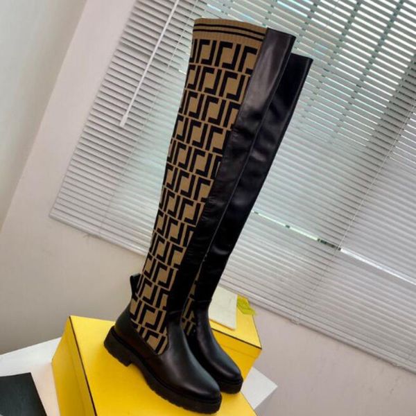 over de knie laars dij hoge Designer Gabardine Boots leren kniehoge laarzen met stud gesp verfraaide schoenen puntige neus hoge laars Luxe dames winter instappers