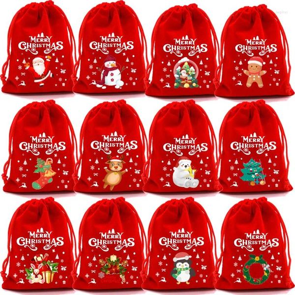 Decorações de Natal 3-10pcs Sacos de Veludo 9x12 13x18cm Pequeno Saco de Presente de Doces Bolsa com Cordão Xmas Favor Pulseira Embalagem de Jóias