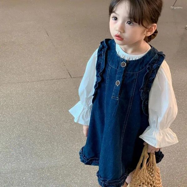 Abiti per ragazza 2023 Ragazze coreane Ruffles Abito in denim senza maniche Autunno Moda Abbigliamento per bambini Abbigliamento per bambini 2-8 anni