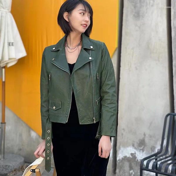 Frauen Leder Weibliche Echte Echte Jacke Kleidung Grüne Farbe Pelzmantel Vintage Frühling Herbst Natürliche Schaffell 2023