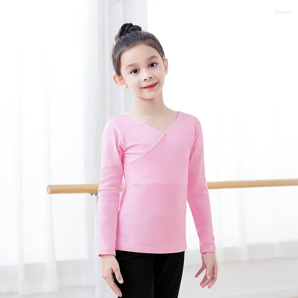 Abbigliamento da palco per ragazze, top da balletto con scollo a V incrociato sul davanti, t-shirt sportiva in cotone per adolescenti, per bambini, per yoga, danza, maniche lunghe