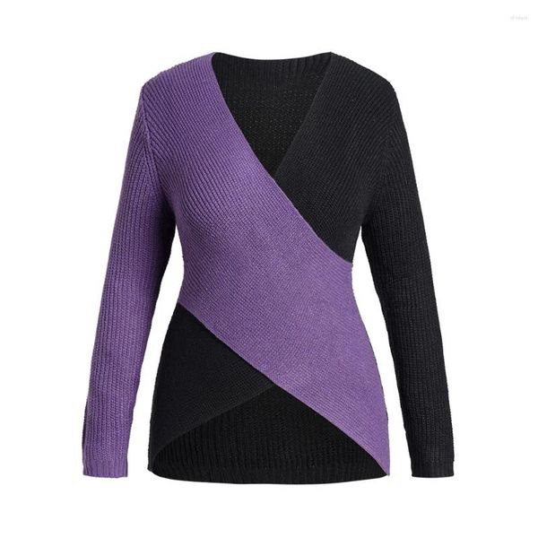 Maglioni da donna Taglie forti Maglione Colorblock Caldo Crossover Scollo profondo Top casual Abiti autunnali per le donne 2023