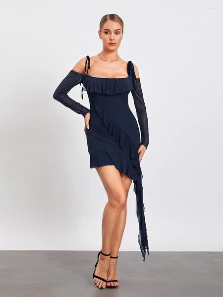 Vestidos casuais mulheres y2k sling mini vestido manga longa espaguete cinta sexy baixo corte lace up bodycon verão saindo