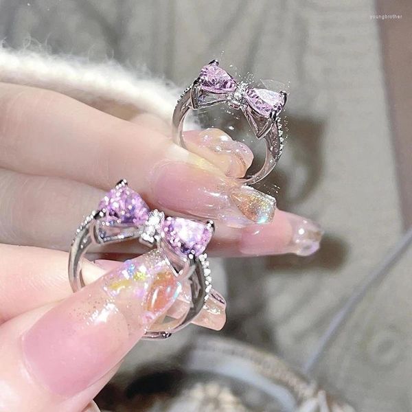 Кольца кластера, модное открытое кольцо Sweet Dream Fairy Romantic Vintage с розовым кристаллом и цирконием, открытое кольцо с бантом для женщин, свадебные эстетические украшения Y2K