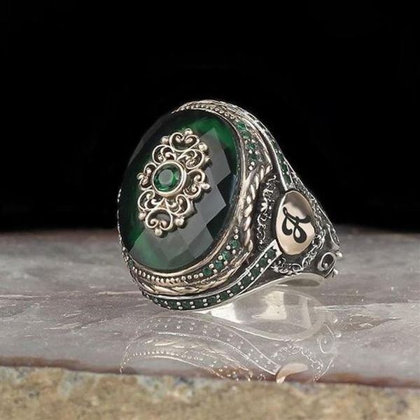Eheringe Vintage Großer Ring für Männer Antike Silberfarbe Eingelegter blauer grüner Achatstein Punk Motor Biker Größe 11 12 13249l