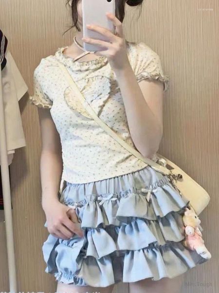 Vestidos de trabalho verão kawaii doce conjunto de duas peças feminino com tiras coreano moda festa saia feminina plissado flounce lolita bolo terno 2023