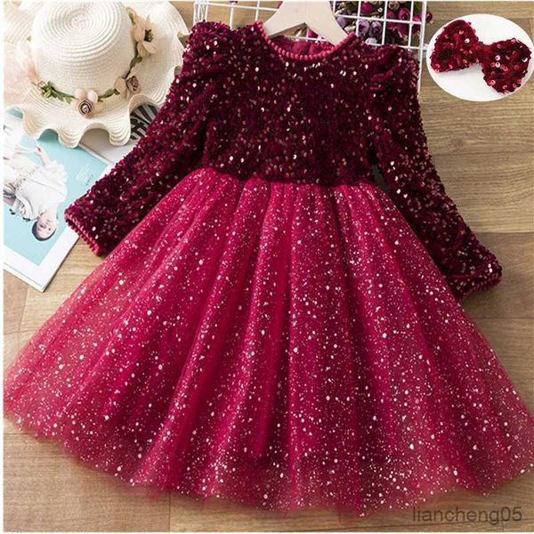 Mädchen Kleider Herbst Langarm Glänzende Mädchen Kleid Kind Neue Jahr Rote Kleidung Kinder Geburtstag Party Vestido R231031