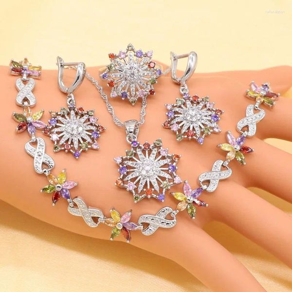 Halskette Ohrringe Set Silber Farbe für Frauen Mehrfarbig Halbedelstein Armband Ringe Anhänger Braut Hochzeit Schmuck