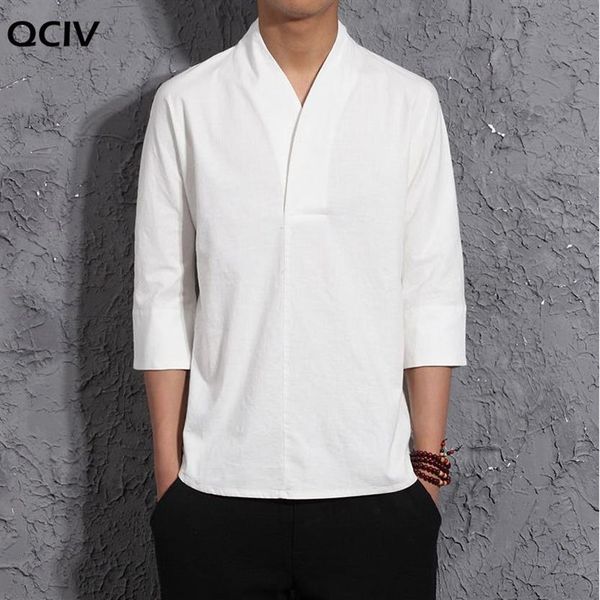 Estate Blu Bianco Nero Kimono Camicia di lino in cotone da uomo Camicetta di lino retrò con scollo a V stile cinese Maglietta sottile vintage 1022339K