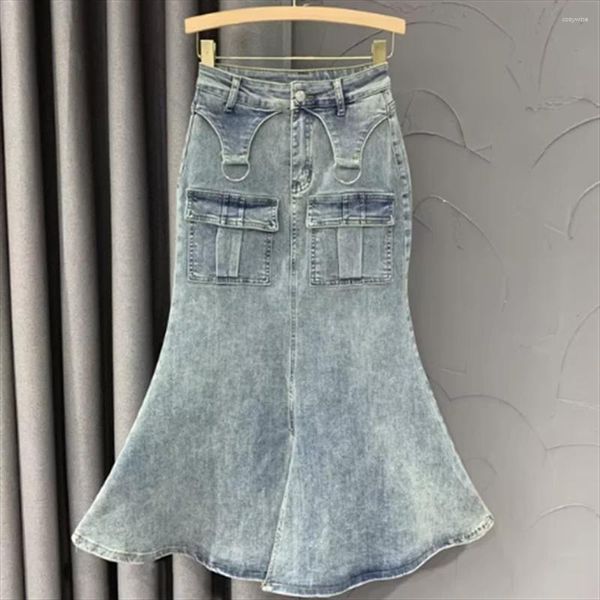 Saias Denim Saia Mulheres Cintura Alta Longa A-Linha Escritório Senhora Frente Derramada Split Fishtail Blue Jean para