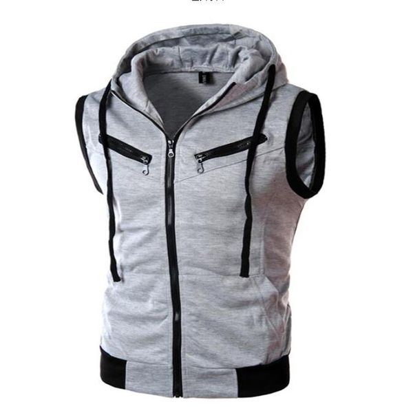 Gilet con cappuccio da uomo Gilet slim senza maniche con cappuccio primaverile ed estivo Giacca con gilet aperto con cerniera grigio vino rosso295t