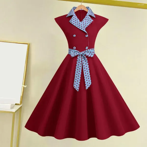 Casual Kleider Retro Damen Kleid Dot Gedruckt Kragen Schleife Auf Taille Frauen Lange Ärmellose Enge Kleidung