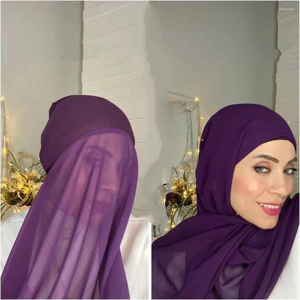 Abbigliamento etnico Sciarpa Hijiab in chiffon tinta unita da donna con berretto sottoscocca in jersey Islam Scialle musulmano interno Fascia per capelli Copricapo Hijab elasticizzato