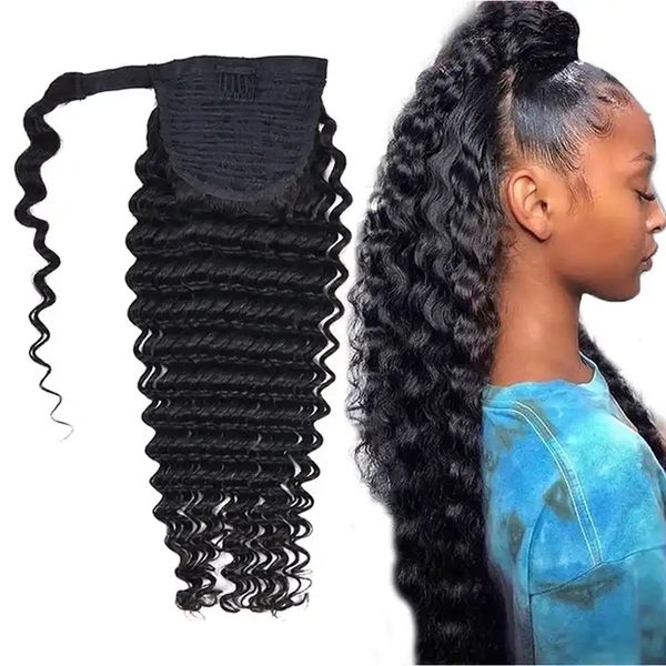 Brasileiro encaracolado envoltório em torno de rabo de cavalo cabelo humano onda profunda cordão extensão pontail longo para preto feminino 140g 120g 160g preto 1b