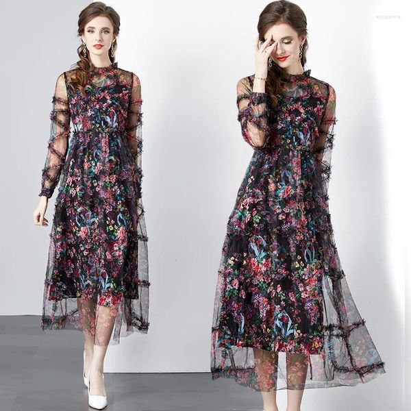Freizeitkleider Französisches Boutique-Kleid mit bedruckten Nähten und schwerem Netzstoff