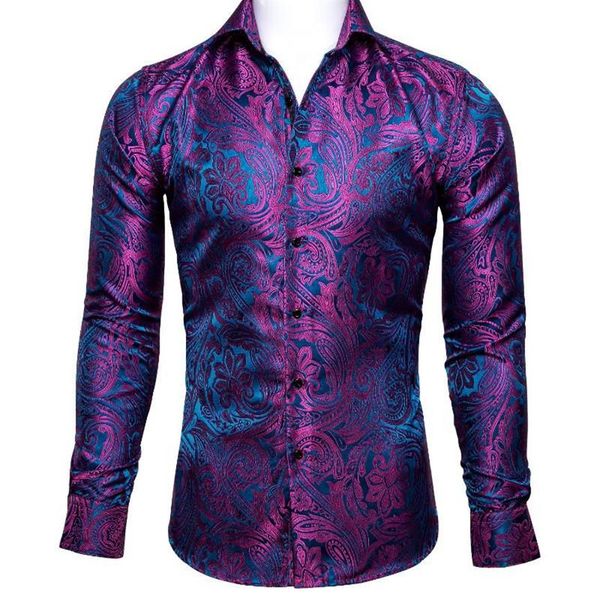 Camisas de vestido masculinas Barry Wang Luxo Rosa Vermelho Paisley Seda Homens Manga Longa Flor Casual para Designer Fit Camisa BCY-0029290h