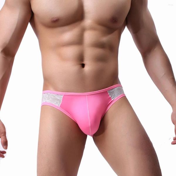 Underpants Lace Patchwork Breifs Homens Underwear Ice Silk U Bolsa Sexy Slip Sissy Calcinha Masculino Cintura Baixa Tamanho Grande