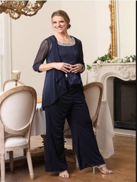 Elegante abito da sposa in chiffon blu navy a 3 pezzi, abito da festa per la madre, abito da donna con pantaloni, abiti formali per la madre della sposa, abiti da sera