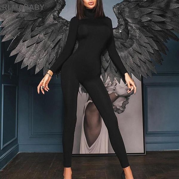 Macacões femininos macacão rlmababy kardashian uma peça preto longo macacão o pescoço manga feminina casual alta elástica sexy204o