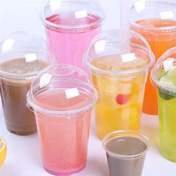 Одноразовые стаканчики соломинки 50/100 шт. 360 мл/380 мл/500 мл прозрачный пластик с куполообразными крышками с отверстием для чая, чашка для фруктового сока, посуда