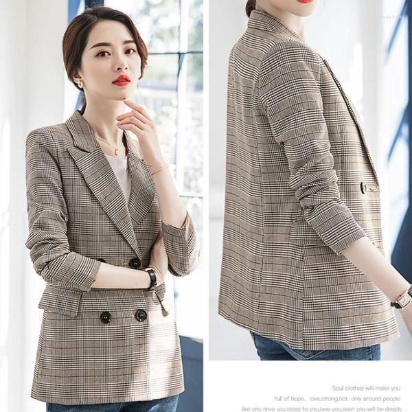 Ternos femininos moda coreana xadrez terno casaco outono e inverno profissional manga longa comprimento médio vestido formal blazers