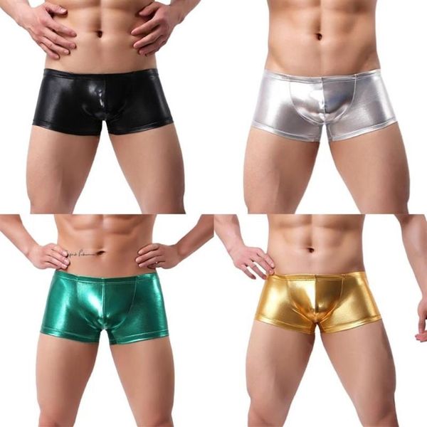 Мужские сексуальные трусы-боксеры с низкой талией из металлической искусственной кожи, нижнее белье для плавания, Underpants216I