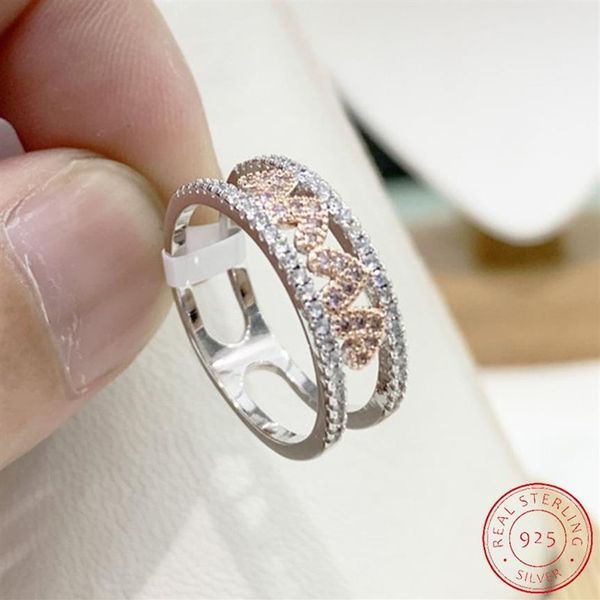 Kadınlar Charm Gül Altın Kalp Yüzük 925 STERLING Gümüş Düğün Engagemen Grubu Takı Hediyesi XR499301K