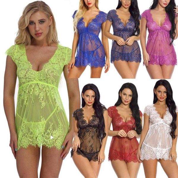 Mulheres Multicolor S-XXL Sexy Mergulho Com Decote Em V Floral Cílios Renda Malha Cap Manga Babydoll Sheer Chemise Lingerie Pijamas Vestido Pa172i