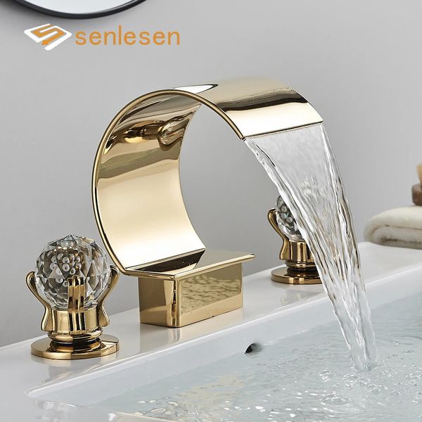 Rubinetti da cucina Senlesen Rubinetto per lavabo a cascata dorata di lusso Ottone con montaggio su piano in cristallo Doppia maniglia Rubinetto per vasca da bagno Miscelatore freddo Gru 231030