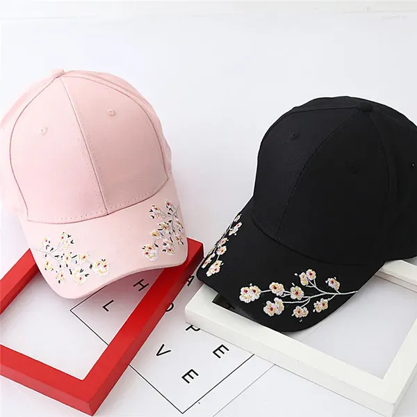 Bola bonés flores de cerejeira boné de beisebol mulheres chapéu de algodão ajustável flor bordado preto rosa branco pai para mulheres