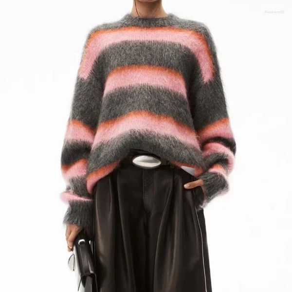 Kadın Sweaters 2023 Sonbahar ve Kış Kontrast Çizgili Tiftik Gevşek Örme Süveter