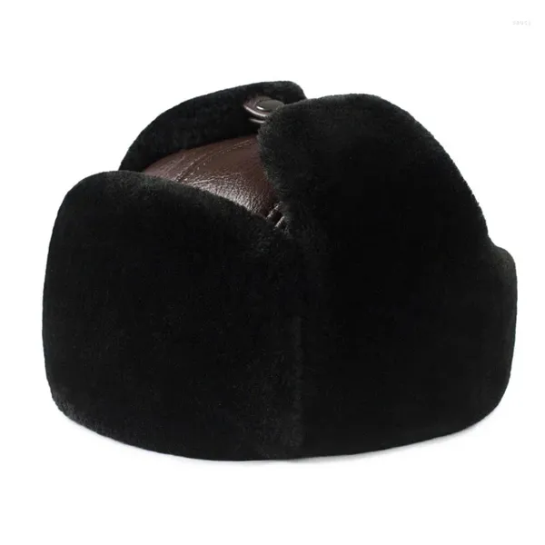 Beralar Erkek Kış Sıcak Kulak Koruma Bombacı Şapkası Adam Orijinal Deri Sahte Kürk Kürk Kapak Siyah Kahverengi 55-60cm Düz Çatı Kapakları